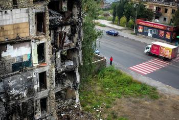 A damaged building in Borodianka, Kyivska Oblast.